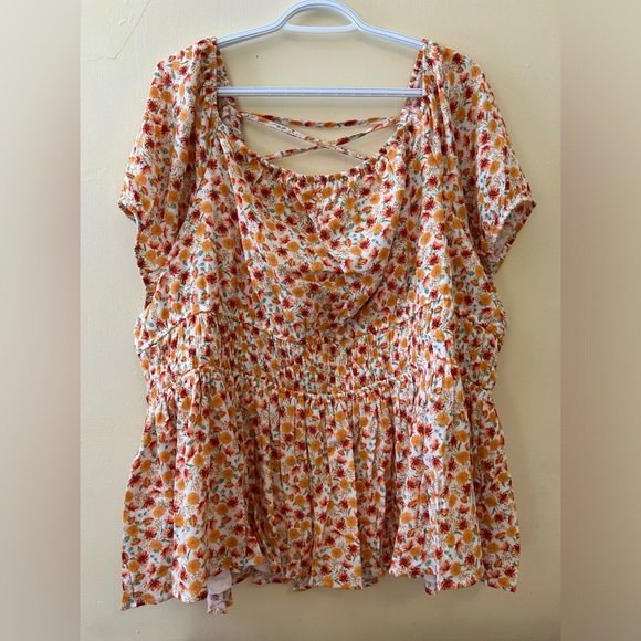 TORRID Womens Yellow Floral Crinkle Cris Cross Back Top, Boho Corset Back Blouse - Picture 3 of 6